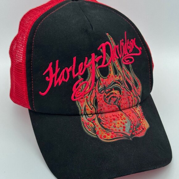 Genuine Harley Davidson Black Red Flames Bling Rhineston Truckers Cap Hat Womens - Picture 5 of 5